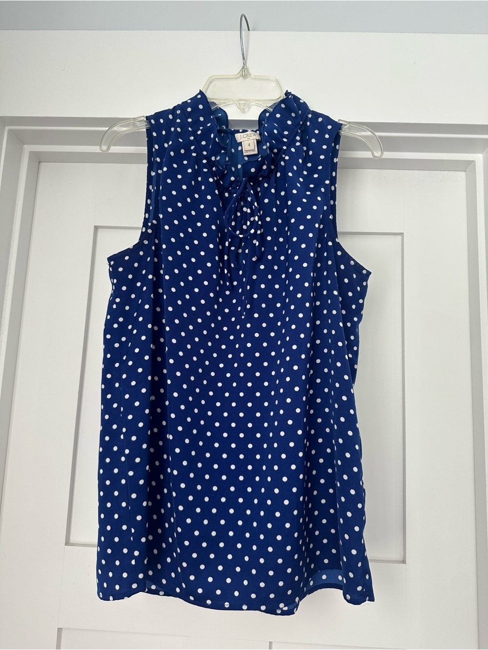 J.Crew Blue Polka Dot Sleeveless Tie-Neck Shell